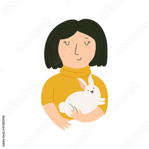 Portrait of a young girl with a funny rabbit. Vector illustration of cute characters