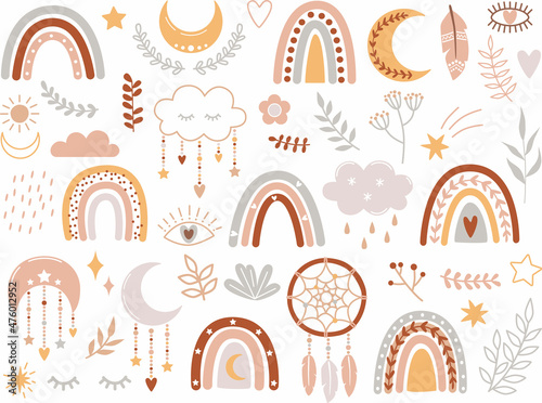 Vector hand-drawn boho clipart.  Vector template for banner, poster, greeting card, flyer, postcard, sticker, clothes, etc