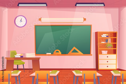 School classroom interior concept in flat cartoon design. Room and furniture wallpaper. Class with pupils desks, chairs, teachers desk, chalkboard, bookcase and decor. Vector illustration background