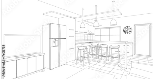 interior kitchen living room 3d illustration