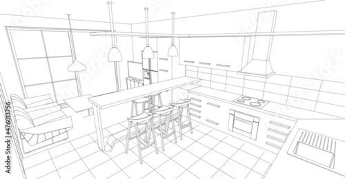 interior kitchen living room 3d illustration