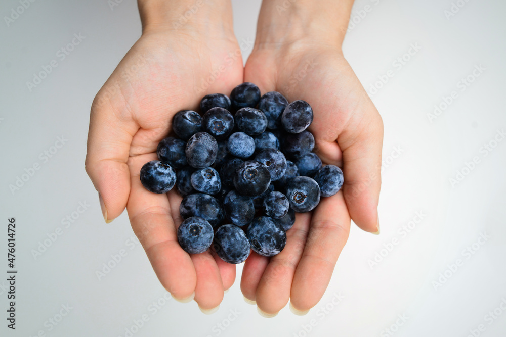 Female hands holding tasty ripe blueberries, close up. Handful of blueberries on white background. Female hands holding tasty ripe blueberries, close up. Handful of blueberries on white background.