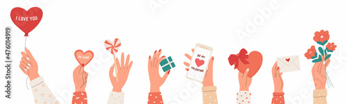 Women hands with gifts, hearts, letter, phone, valentine and flowers for Valentines day. Vector illustration in flat style