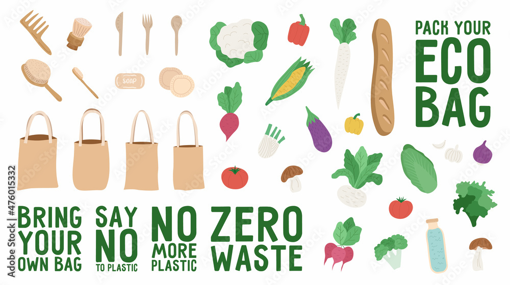 Collection of eco bags with text, zero waste items and vegetables for packing. Eco bag constructor. Vector illustration in flat style Collection of eco bags with text, zero waste items and vegetables for packing. Eco bag constructor. Vector illustration in flat style