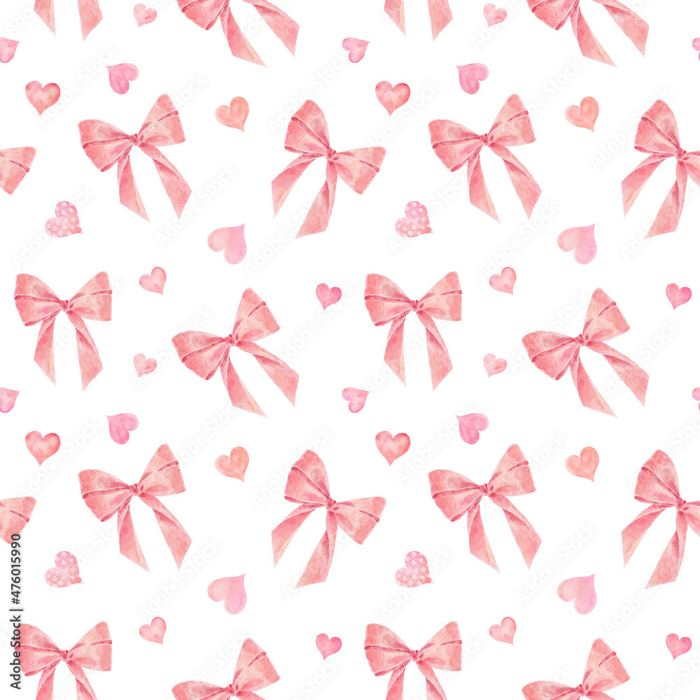 Watercolor seamless pattern with hearts and bows isolated on white background. Hand drawn watercolor illustration.