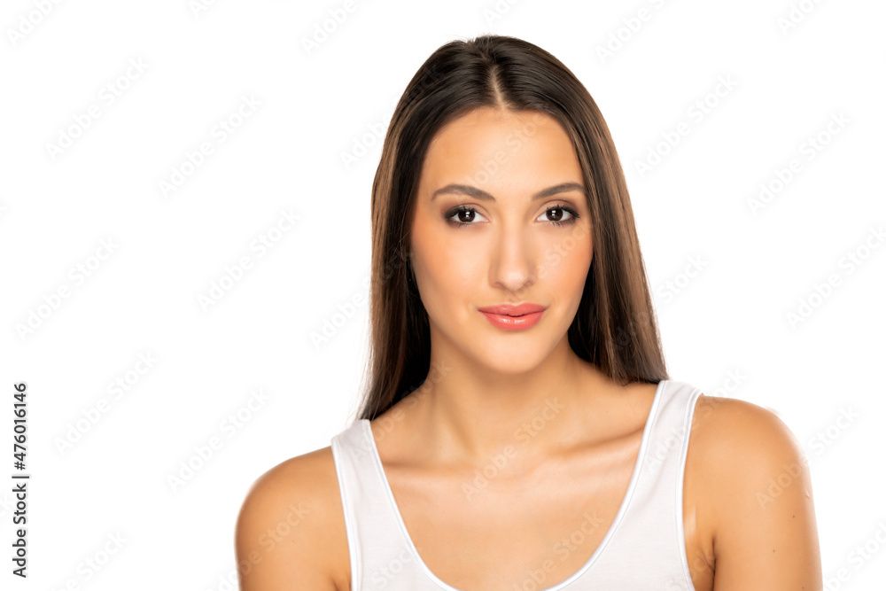 portrait of a young woman with long black hair on a white portrait of a young woman with long black hair on a white