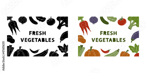Horizontal illustration with place for text and hand drawn vegetables in clipping mask for banner, poster, print. Color and black rectangular template with silhouette elements on white background
