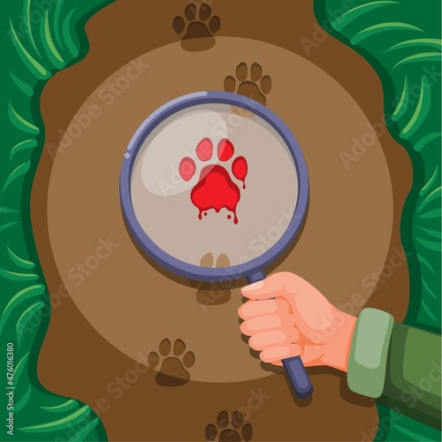 Explorer holding magnifier find clue on footstep animal. wildlife illustration vector