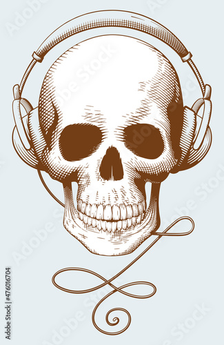 Human skull with headphones. Antique decorative element In the style of engraving. Could be used for tattoo, cards, T-shirt prints, banners. Vector illustration.