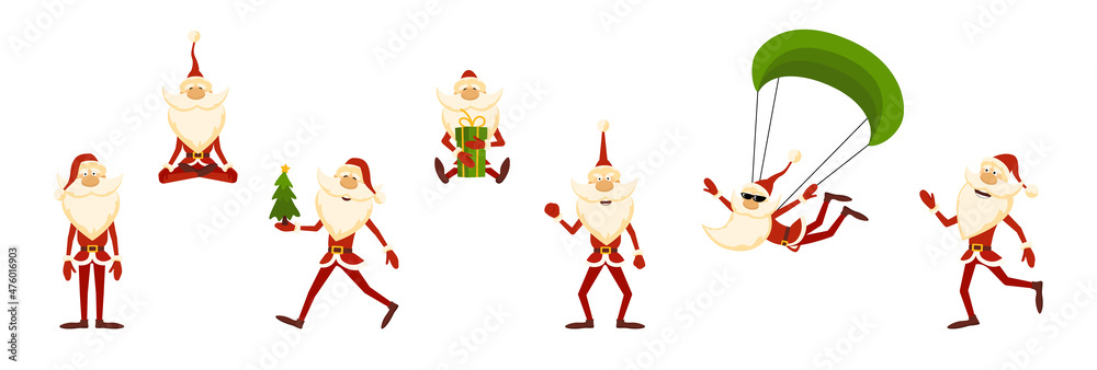 Vector illustration of cartoon Santa Claus characters on white background.