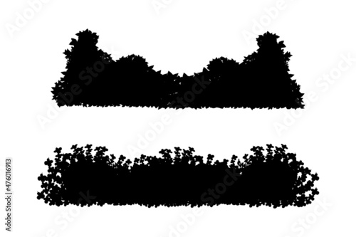 Set of monochrome silhouette of shrubs and trees. Decorative design element in black and white colors.Horizontal panorama with thicket of  garden plants.