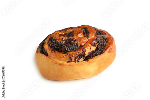 Bun with poppy seeds isolated on white background.