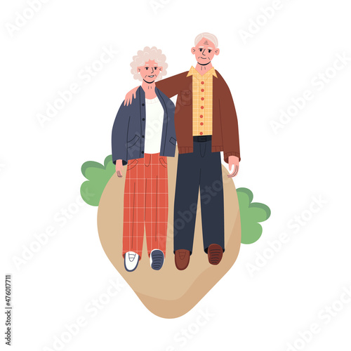 Happy senior couple walking in the park. Elderly man and woman lead an active lifestyle. Grandmother and grandfather flat vector modern illustration in trendy colors, isolated on white