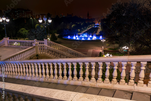 general view at night from the viewpoint with the stone stairs and the illuminated fountain in the Jose Antonio Labordeta public park in the city of Zaragoza, Spain. photo