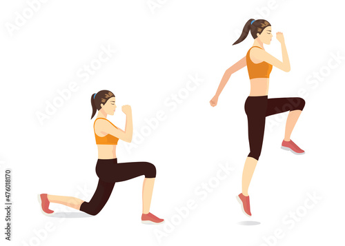 Sport women doing exercise with High Knee Drive To Reverse Lunge posture. Illustration about cardio exercises can do in living room.