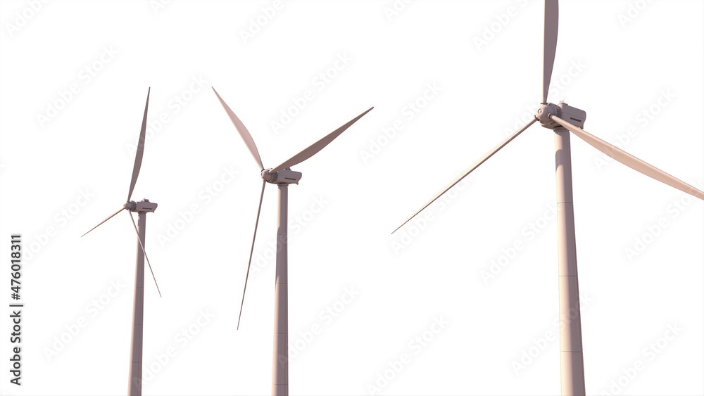 modern ecologic windturbine generators on white bg, isolated, fictive design - industrial 3D rendering