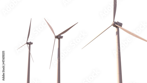 modern ecologic windturbine generators on white bg, isolated, fictive design - industrial 3D rendering