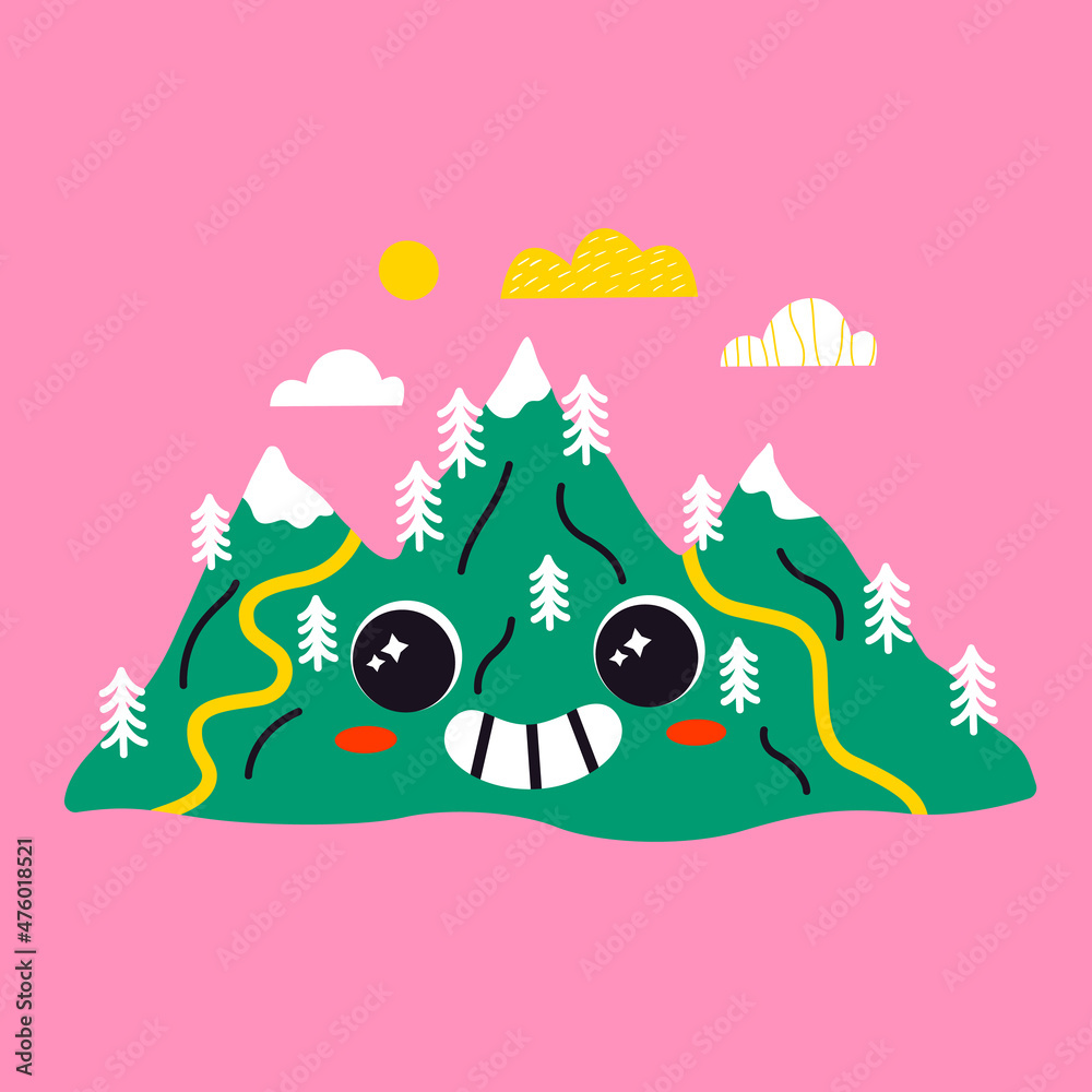 Vector illustration of abstract funny mountain character. Contemporary comic doodle face smiling. Colorful retro element of landscape with hills for print, poster, card, collage design
