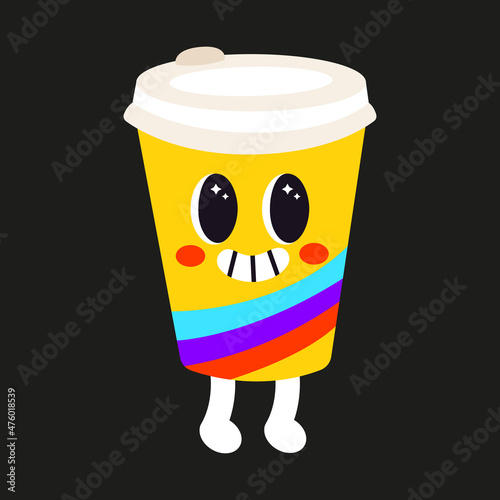 Vector illustration of abstract funny coffee cup character. Contemporary comic doodle face smiling. Colorful retro element of fast food for print, poster, card, collage design