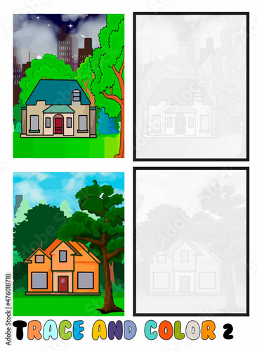 set of coloring pages ,Trace and color, sea ,park, city Collection of 2 illustrations. Coloring book. vector Illustration for children 2b
