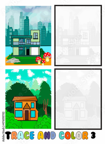 set of coloring pages ,Trace and color, sea ,park, city Collection of 2 illustrations. Coloring book. vector Illustration for children 2