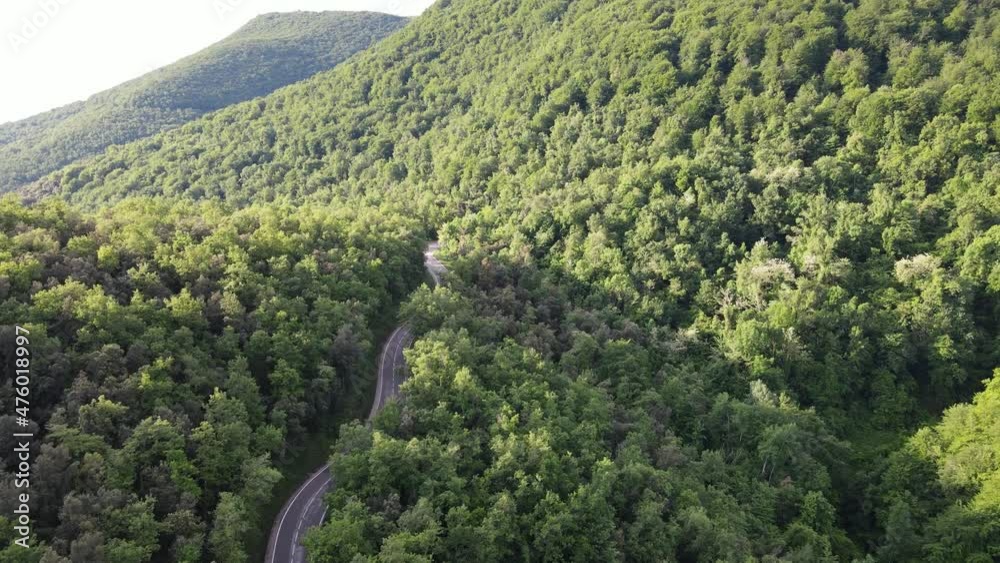 Aerial scene with drone of the spring landscape in La Vall D En Bas, La Garrotxa, Girona, Spain. 4K UHD