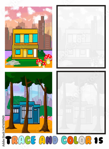 set of coloring pages ,Trace and color, sea ,park, city Collection of 2 illustrations. Coloring book. vector Illustration for children 15