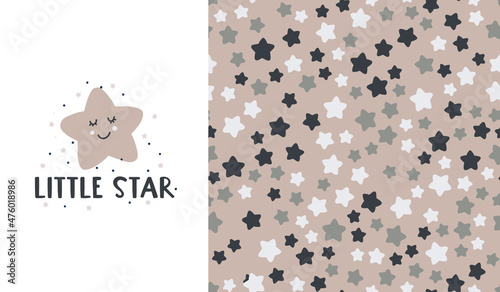 Cute seamless patterns and lettering - little star . Creative childish print for fabric, wrapping, textile, wallpaper, apparel. Vector cartoon illustration in pastel colors