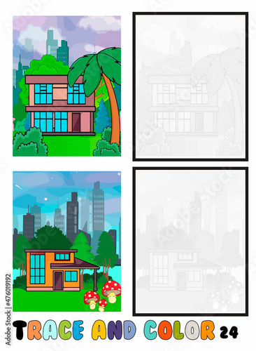 set of coloring pages ,Trace and color, sea ,park, city Collection of 2 illustrations. Coloring book. vector Illustration for children 24