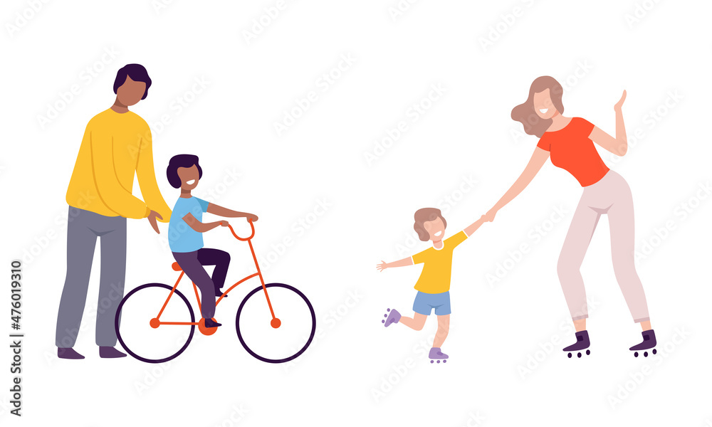 Young Parent with His Kid Teaching Riding Bicycle and Roller Skating Vector Set Young Parent with His Kid Teaching Riding Bicycle and Roller Skating Vector Set