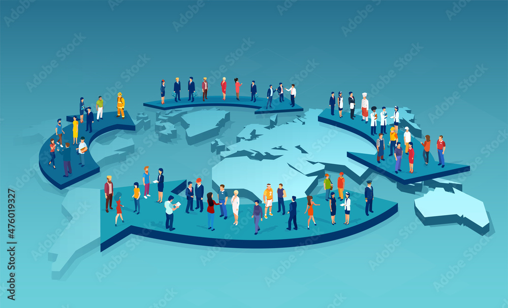 Vector of a large group of people of different occupations travel from country to country in search for a job
