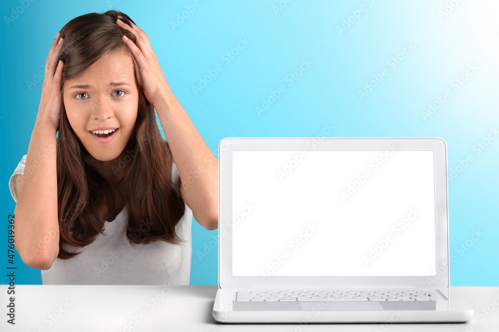 Young successful happy employee business woman sit work at office desk