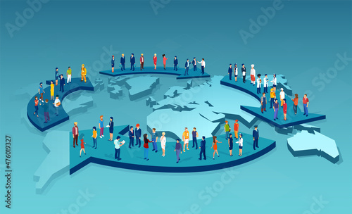 Vector of a large group of people of different occupations travel from country to country in search for a job