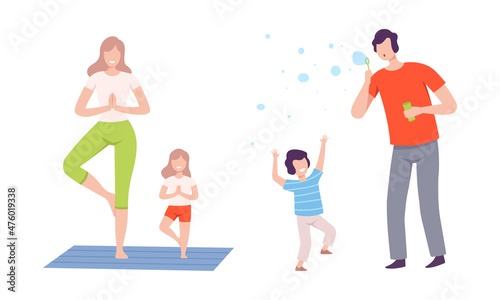 Young Parent with His Kid Blowing Soap Bubbles and Doing Yoga Vector Set