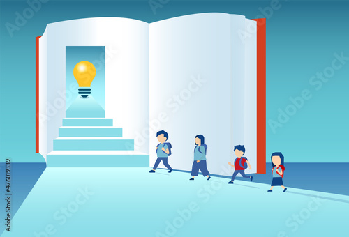 Vector of a group of children standing in front of an opened book with idea light bulb inside