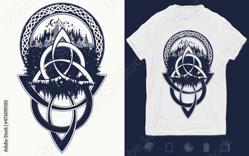 Celtic knot tattoo. Mountain, forest, symbol travel, symmetry, tourism t-shirt design ethnic style. Vector graphics template. Hand drawn illustration