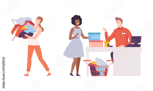 Female Customer Choosing Clothes in Fashion Store Vector Set