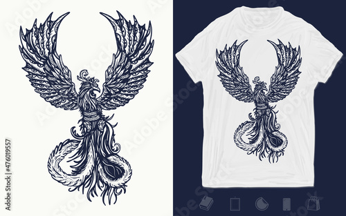 Magic birds t-shirt design. Symbol of revival, regeneration, life and death. Phoenix art. Vector graphics template. Hand drawn illustration