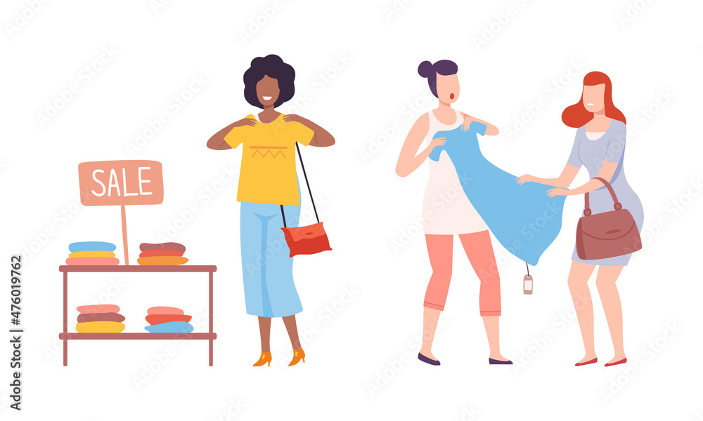 Female Customer Choosing Clothes in Fashion Store Vector Set Female Customer Choosing Clothes in Fashion Store Vector Set