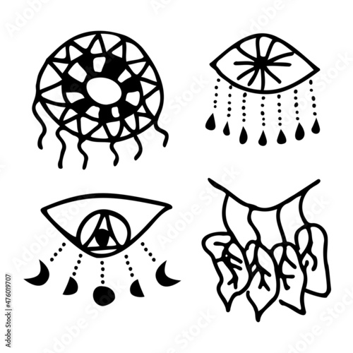 Abstract simple contour set of dream catcher with feathers and evil magic eye. Ink hand drawn
