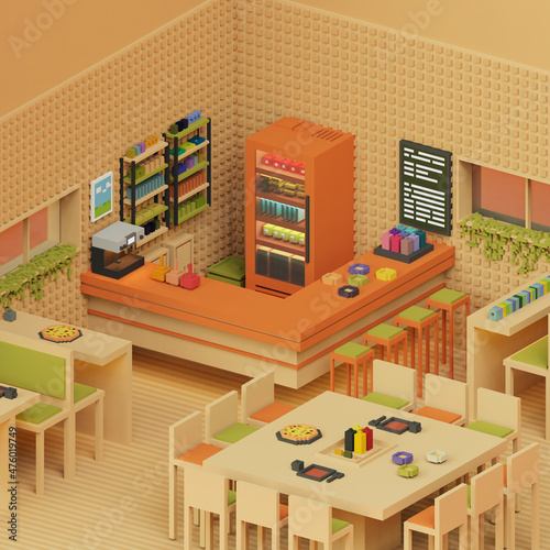 3d rendered isometric voxel restaurant with dining tables and 
foods. pixel style food and drink concept illustration.