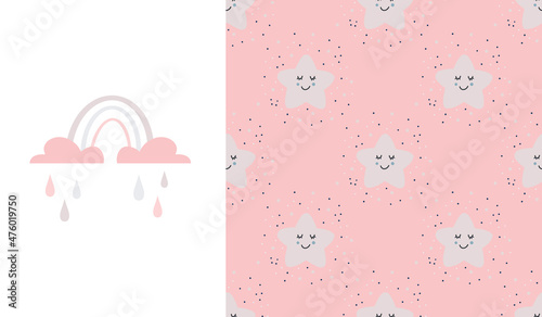 Cute seamless patterns and lettering - oh baby . Creative childish print for fabric, wrapping, textile, wallpaper, apparel. Vector cartoon illustration in pastel colors