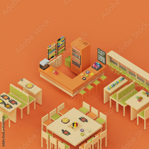 3d rendered isometric voxel restaurant with dining tables and 
foods. pixel style food and drink concept illustration.