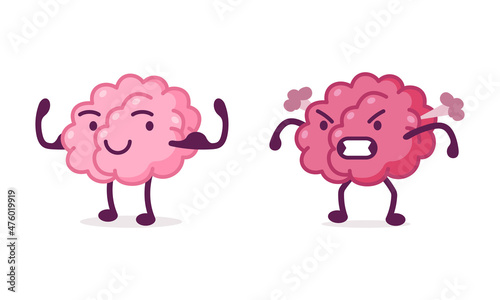 Funny Brain Character Smiling and Steaming with Anger Vector Set