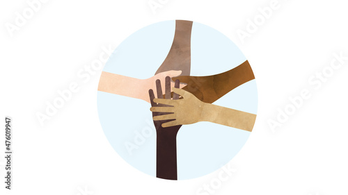 Teamwork hand stack. Diverse hands stacking in a multicultural corporate workplace or community. An icon representing team building, support, partnership, group alliance, and working together.