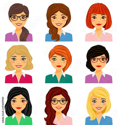 A set of portraits of young girls. Face. Different. Bright colors. Flat style on a white background. Cartoon