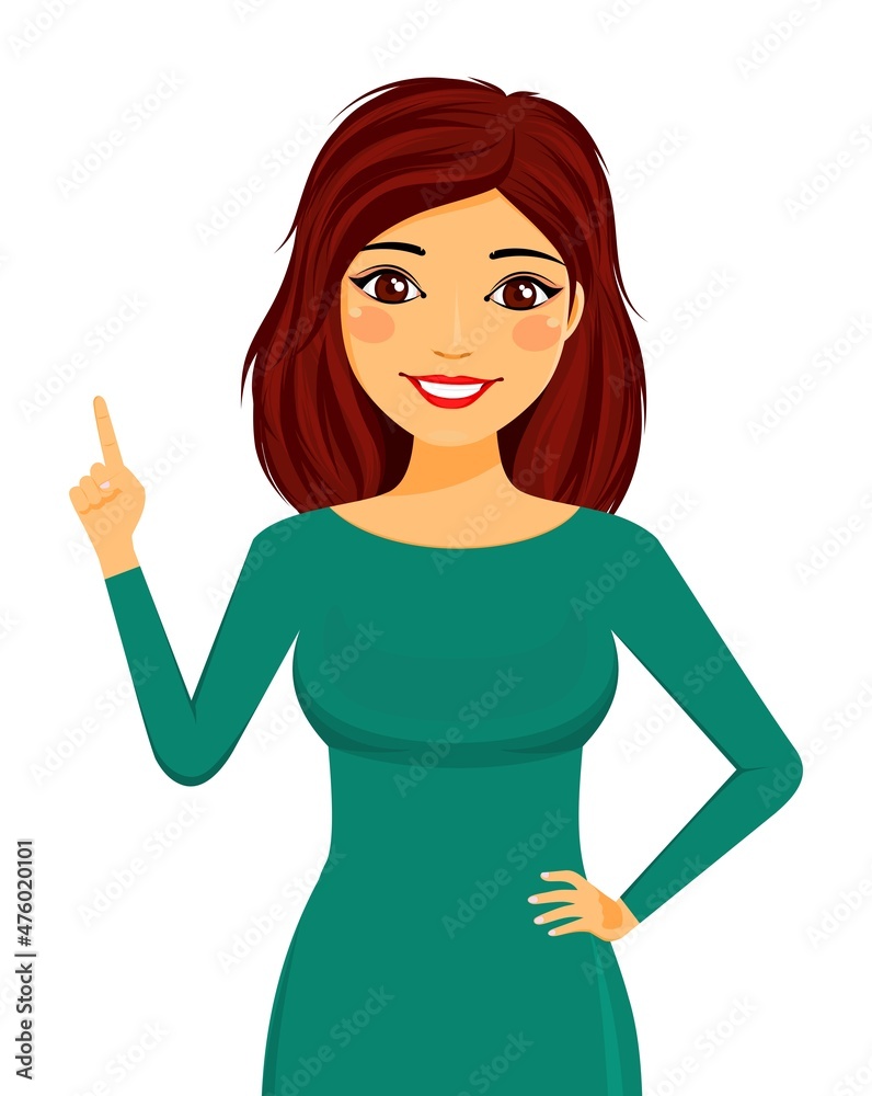 Smiling woman shows a hand gesture. Flat style. Cartoon Smiling woman shows a hand gesture. Flat style. Cartoon