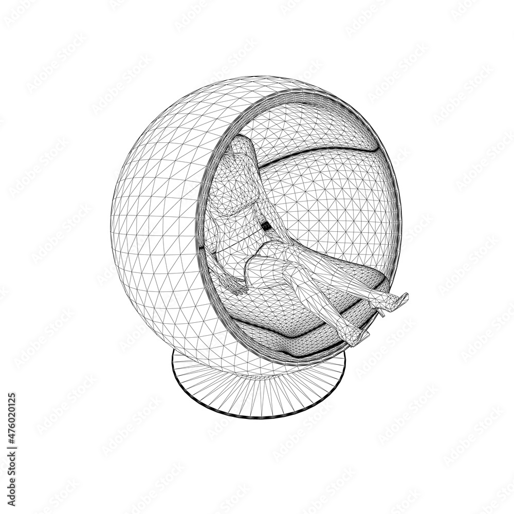 Wireframe of a girl sitting in a circular spherical chair made of black ...