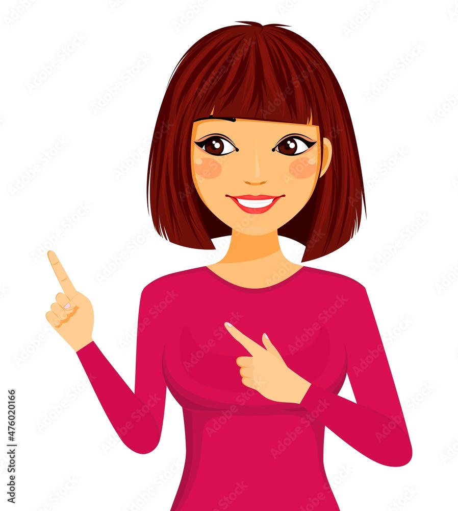 A young smiling woman. Character, emotions, hand gesture. Flat style. Cartoon A young smiling woman. Character, emotions, hand gesture. Flat style. Cartoon