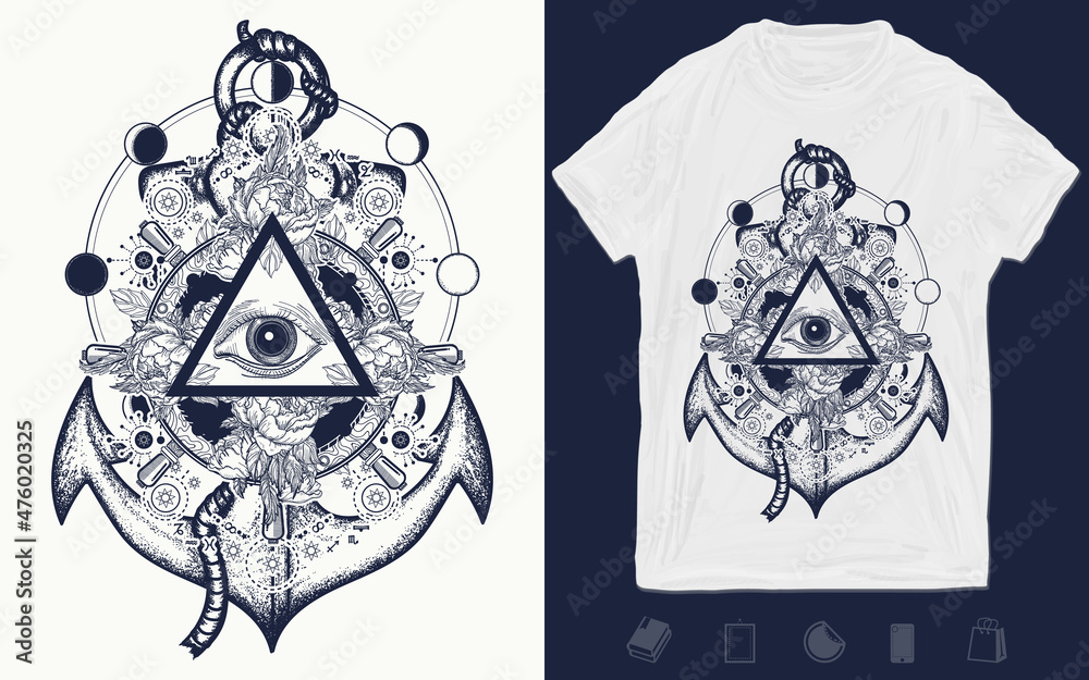 Magic eye, steering wheel and anchor t-shirt design. Alchemy, medieval ...